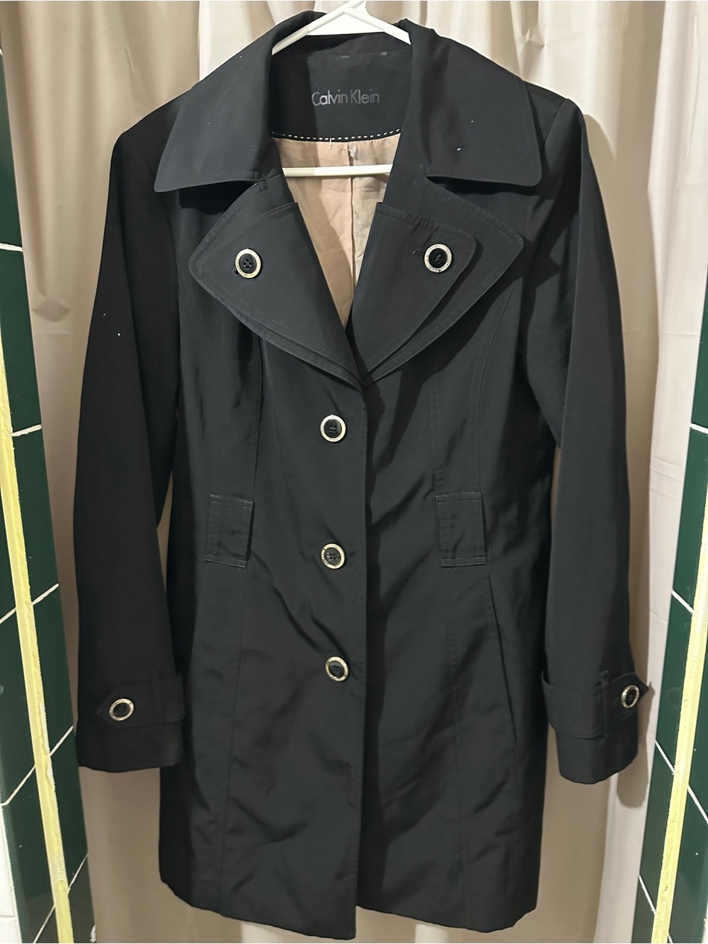 Calvin Klein Black Trench Coat with Contrast Button Rings